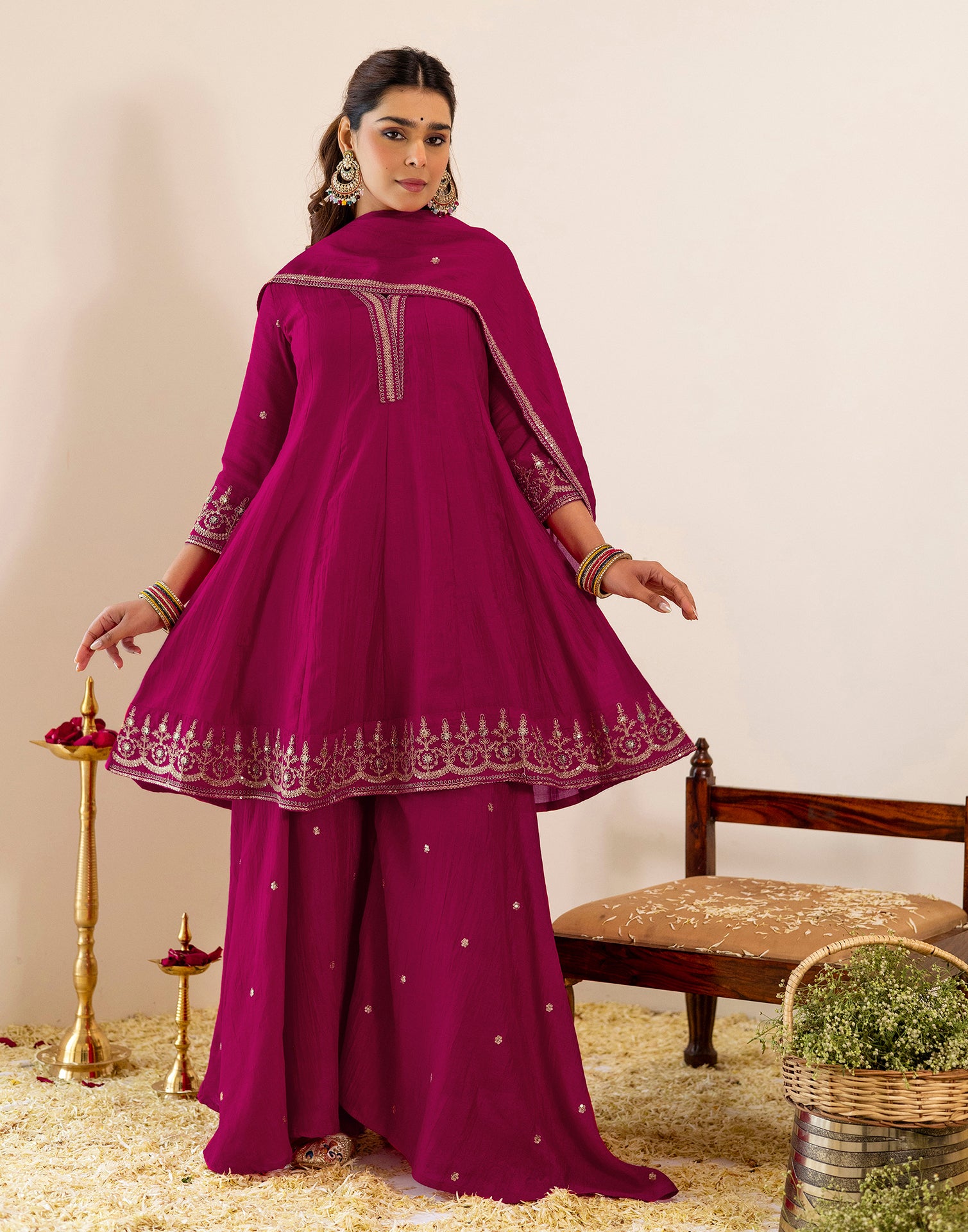 Skylee Silk Sequins Work A-Line 3 Piece Kurta Set For Woman