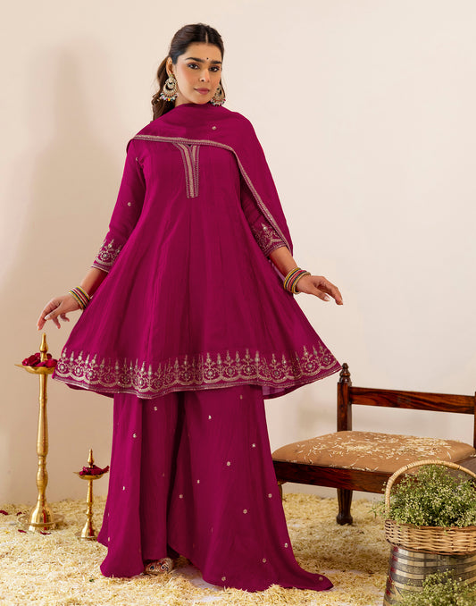 Silk Sequins Work A-Line 3 Piece Kurta Set