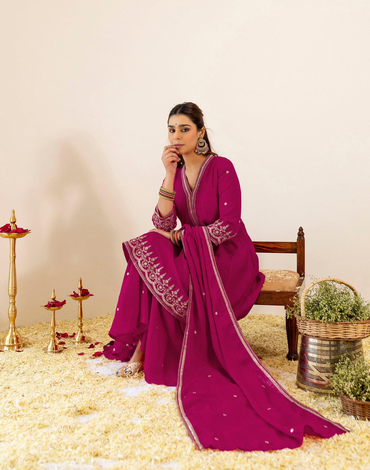 Skylee Silk Sequins Work A-Line 3 Piece Kurta Set For Woman