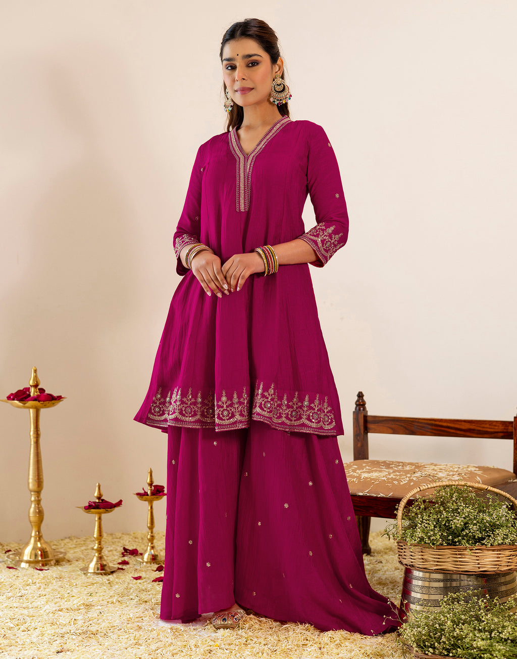 Skylee Silk Sequins Work A-Line 3 Piece Kurta Set For Woman