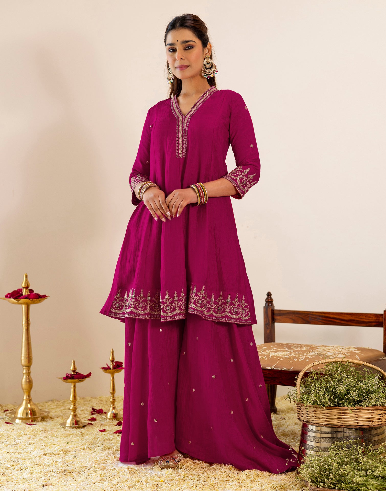 Skylee Silk Sequins Work A-Line 3 Piece Kurta Set For Woman