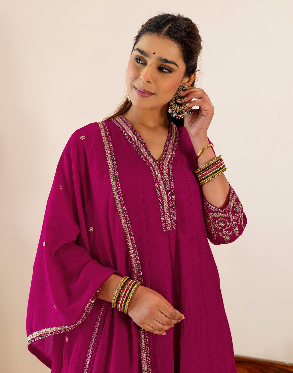 Skylee Silk Sequins Work A-Line 3 Piece Kurta Set For Woman