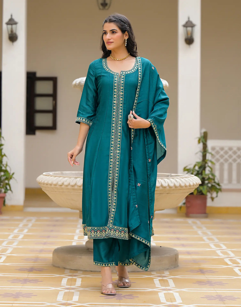 Satin Teal Notched Round Neck Embroidered Anarkali 3 Piece Kurta Set with Dupatta