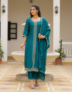 Satin Teal Notched Round Neck Embroidered Anarkali 3 Piece Kurta Set with Dupatta