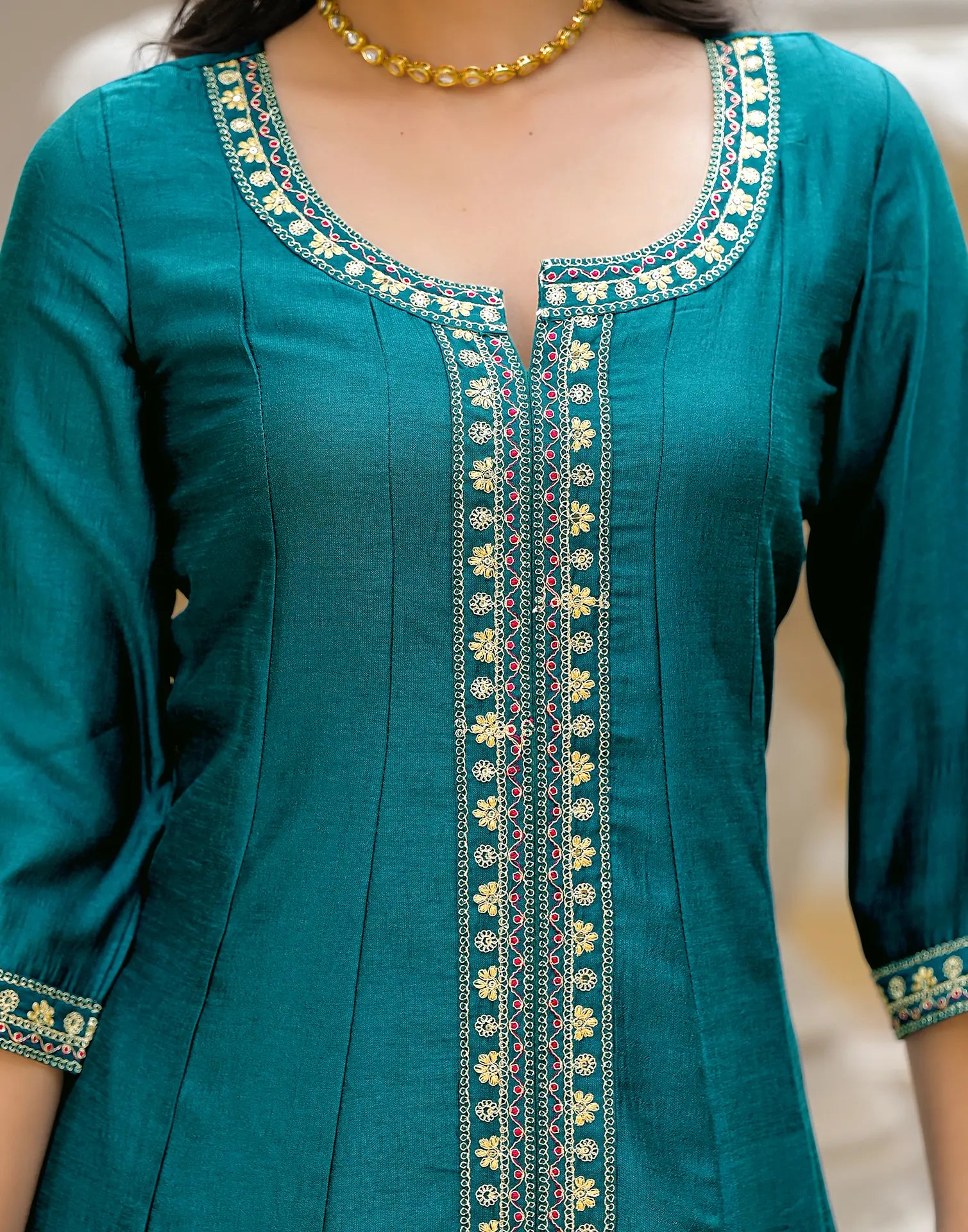 Satin Teal Notched Round Neck Embroidered Anarkali 3 Piece Kurta Set with Dupatta