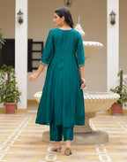 Satin Teal Notched Round Neck Embroidered Anarkali 3 Piece Kurta Set with Dupatta