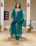 Satin Teal Notched Round Neck Embroidered Anarkali 3 Piece Kurta Set with Dupatta
