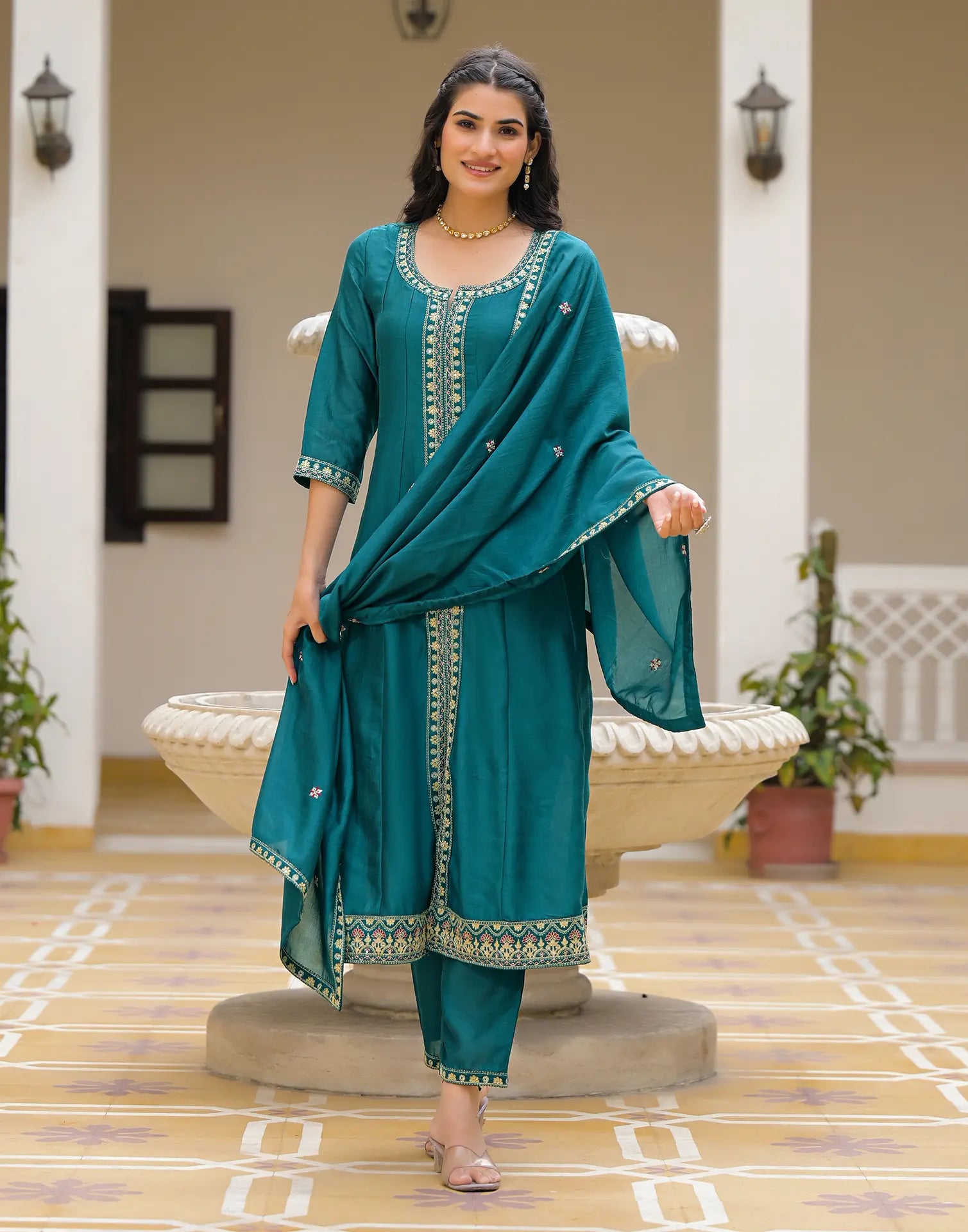 Satin Teal Notched Round Neck Embroidered Anarkali 3 Piece Kurta Set with Dupatta