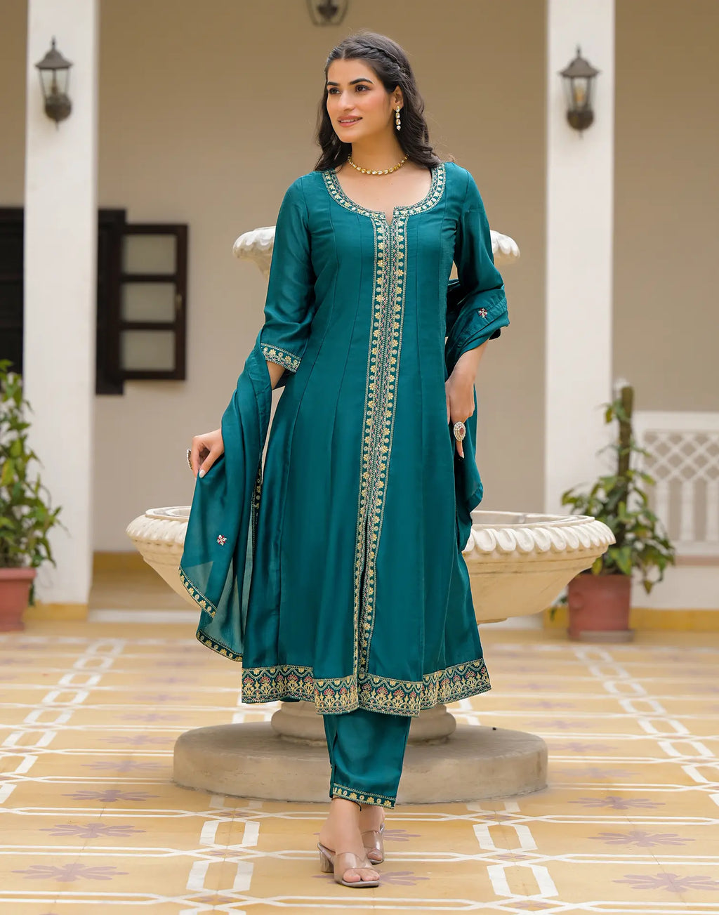 Satin Teal Notched Round Neck Embroidered Anarkali 3 Piece Kurta Set with Dupatta