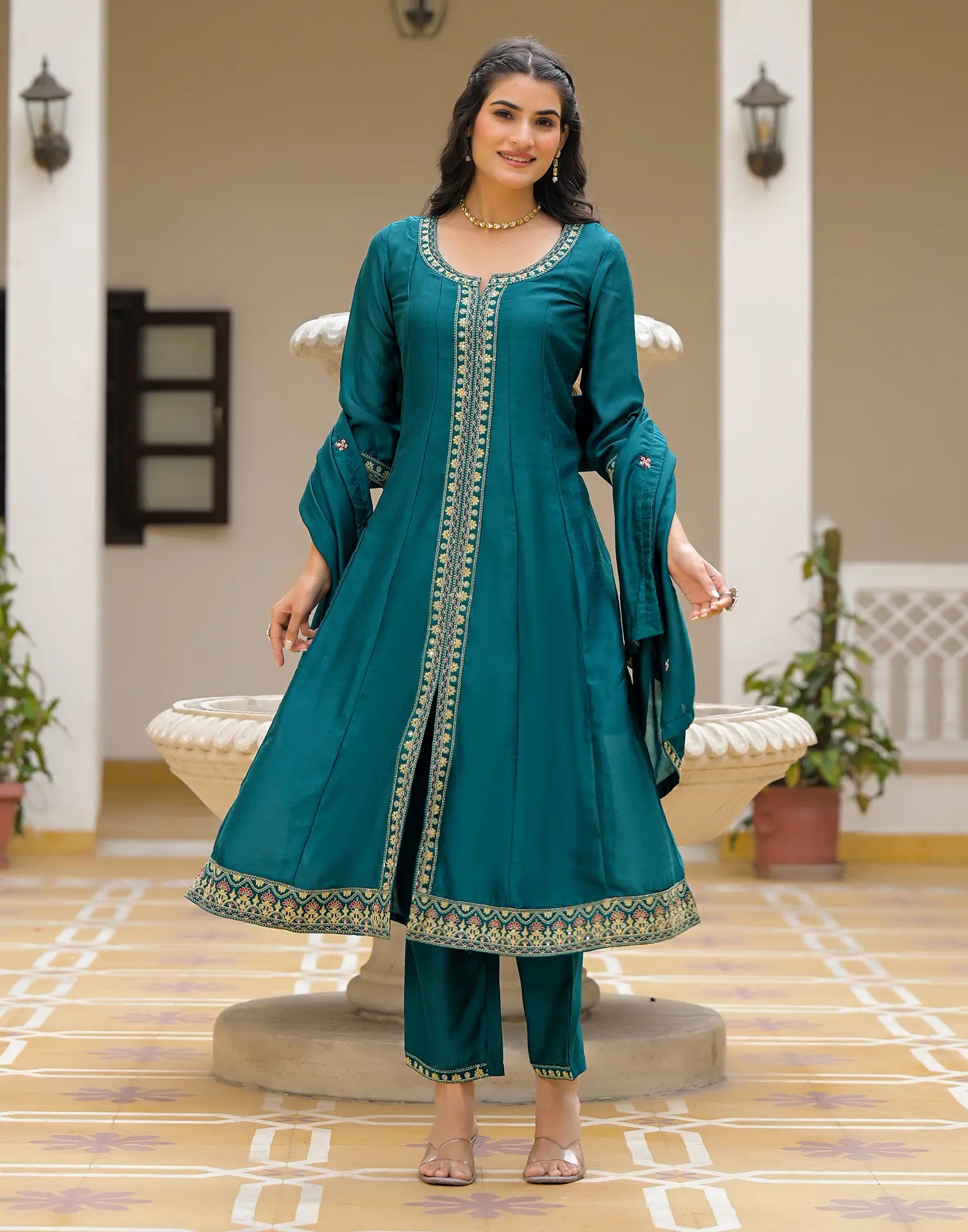 Satin Teal Notched Round Neck Embroidered Anarkali 3 Piece Kurta Set with Dupatta