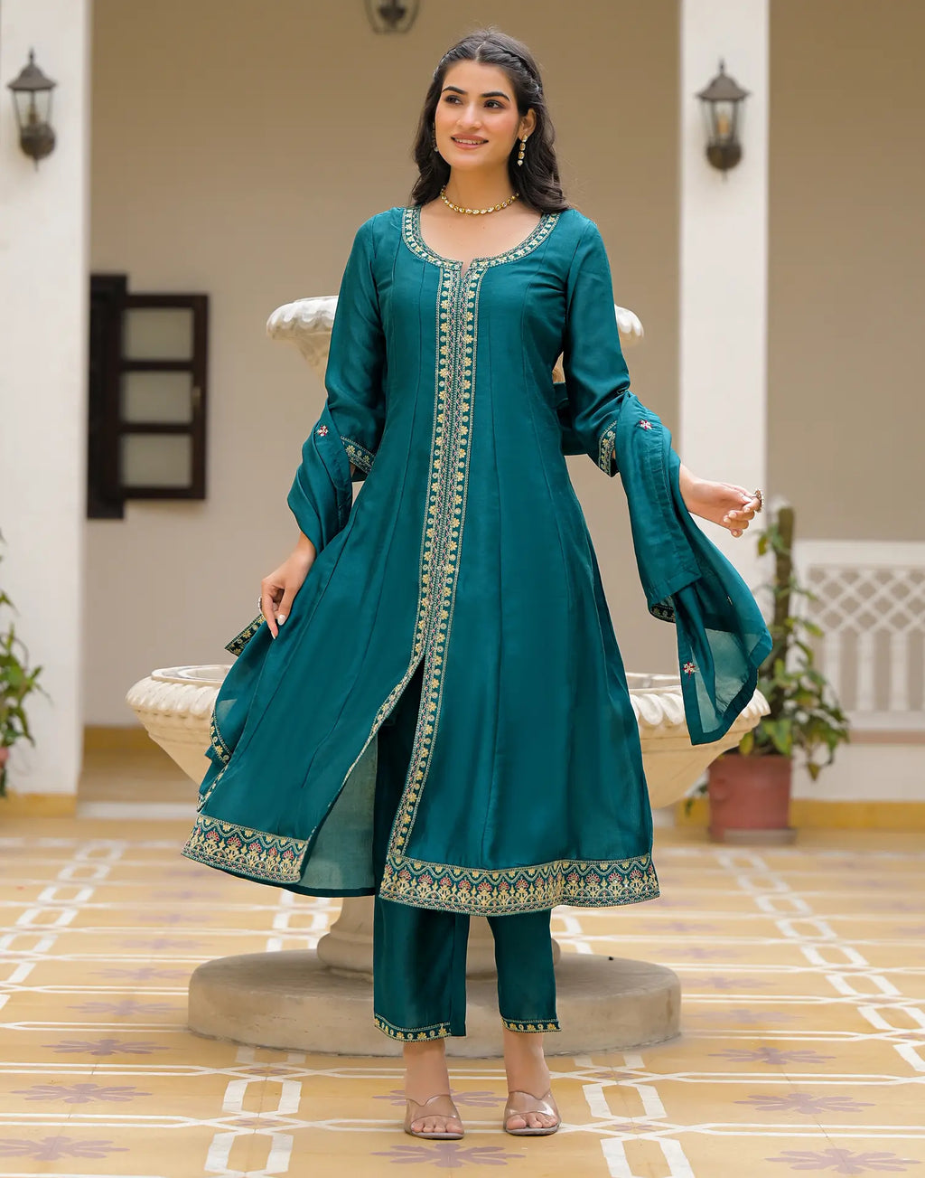 Satin Teal Notched Round Neck Embroidered Anarkali 3 Piece Kurta Set with Dupatta