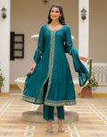 Satin Teal Notched Round Neck Embroidered Anarkali 3 Piece Kurta Set with Dupatta