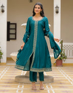 Satin Teal Notched Round Neck Embroidered Anarkali 3 Piece Kurta Set with Dupatta