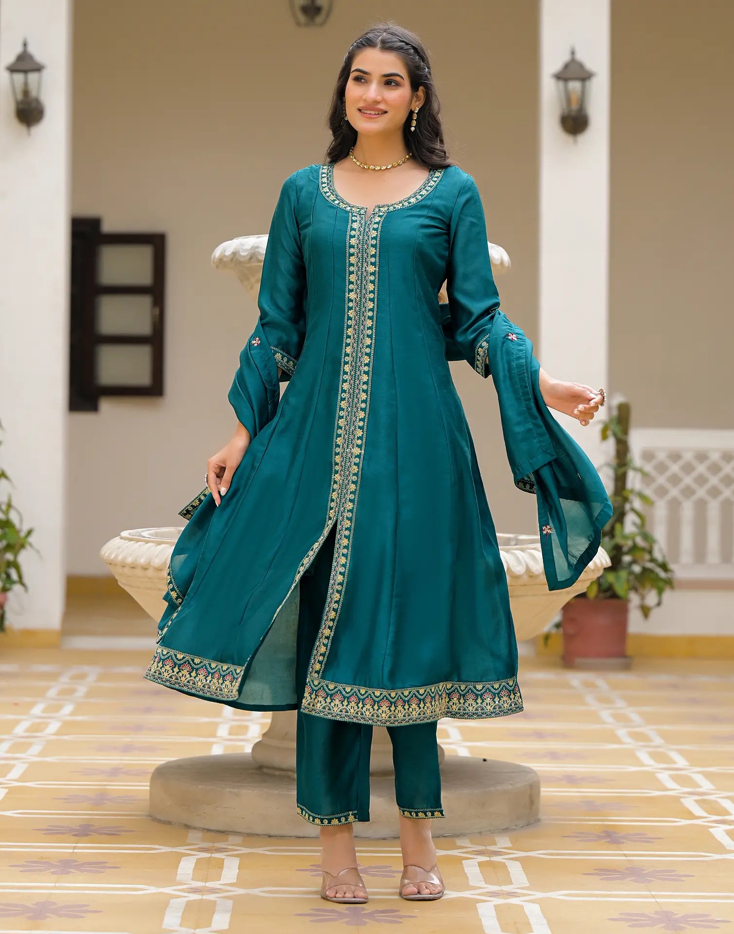 Satin Teal Notched Round Neck Embroidered Anarkali 3 Piece Kurta Set with Dupatta