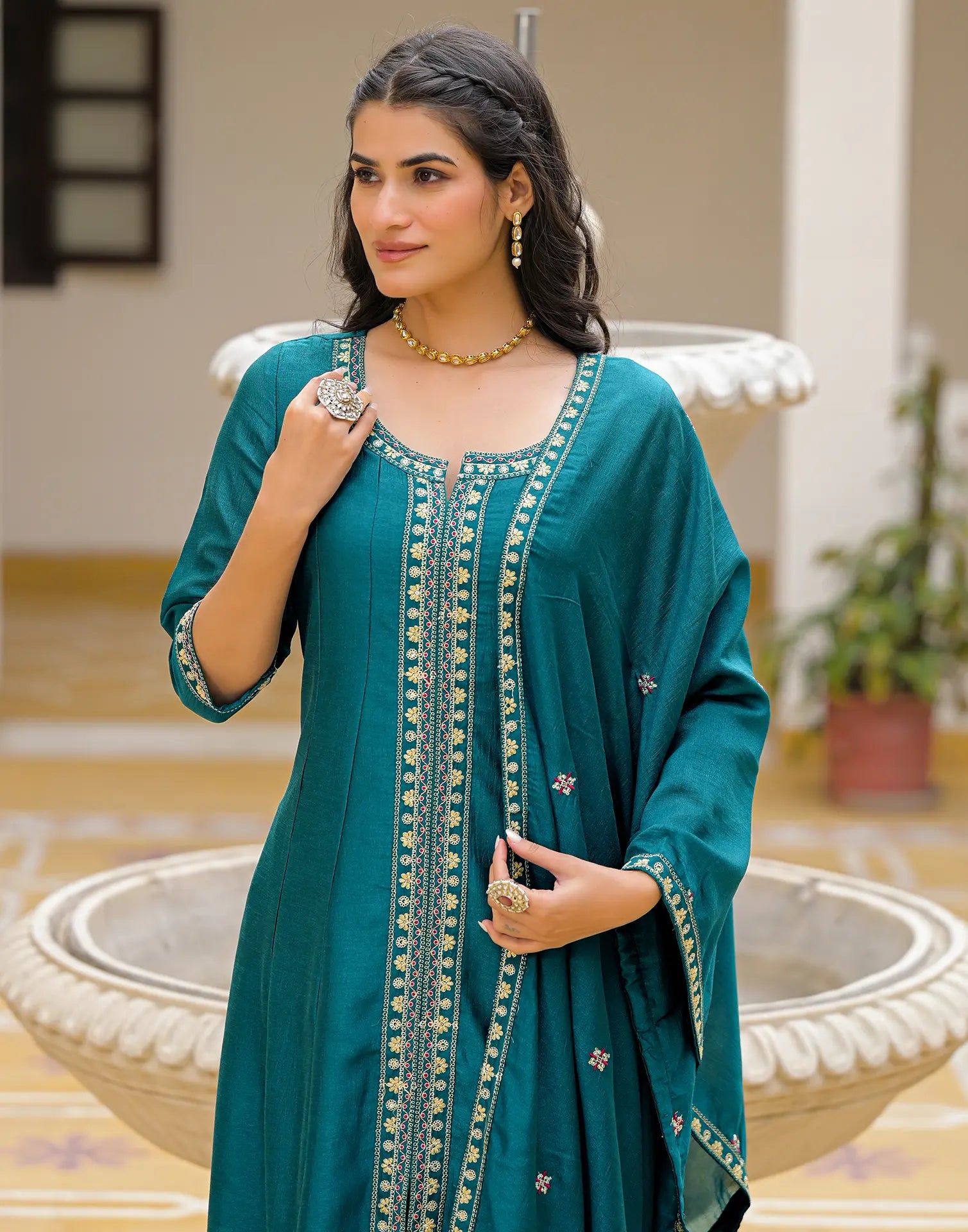 Satin Teal Notched Round Neck Embroidered Anarkali 3 Piece Kurta Set with Dupatta