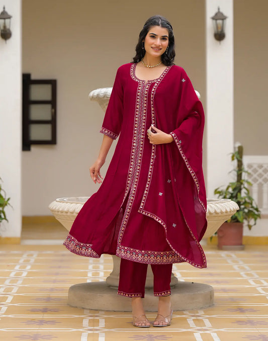 Silk Sequins Work Anarkali 3 Piece Kurta Set