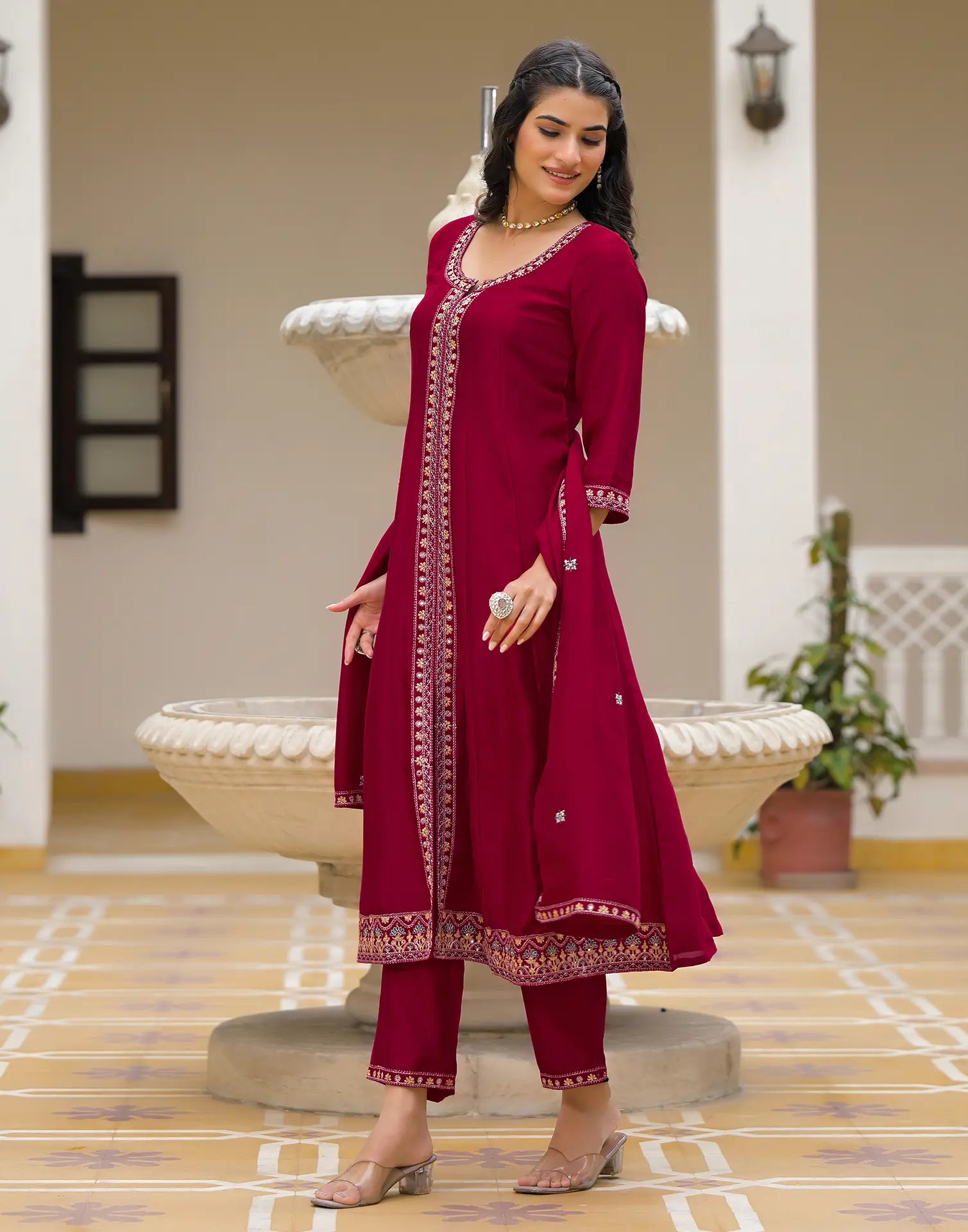 Skylee Silk Sequins Work A-Line 3 Piece Kurta Set For Woman