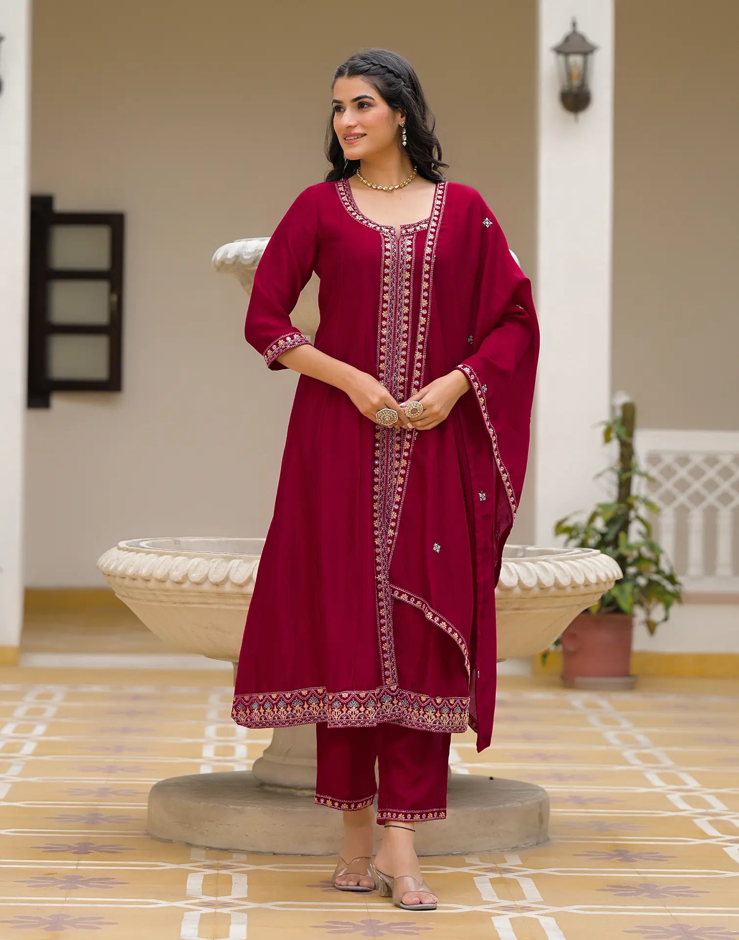 Skylee Silk Sequins Work A-Line 3 Piece Kurta Set For Woman