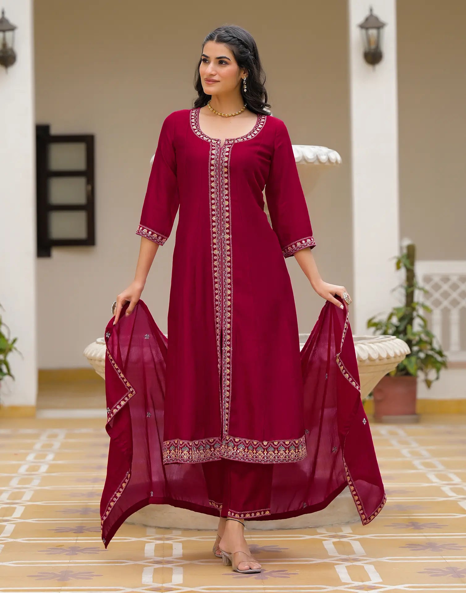 Skylee Silk Sequins Work A-Line 3 Piece Kurta Set For Woman