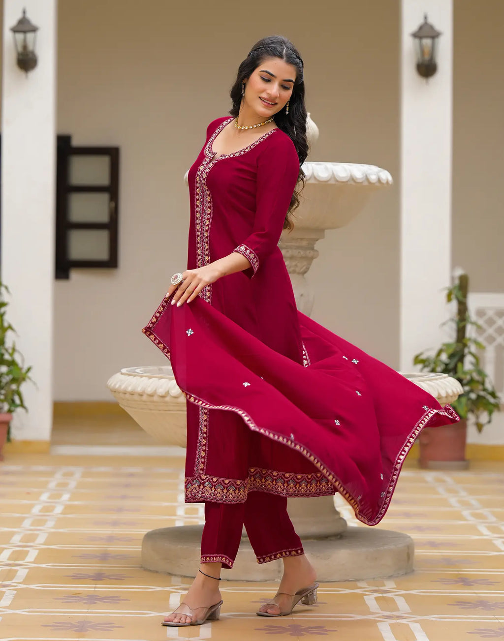 Skylee Silk Sequins Work A-Line 3 Piece Kurta Set For Woman
