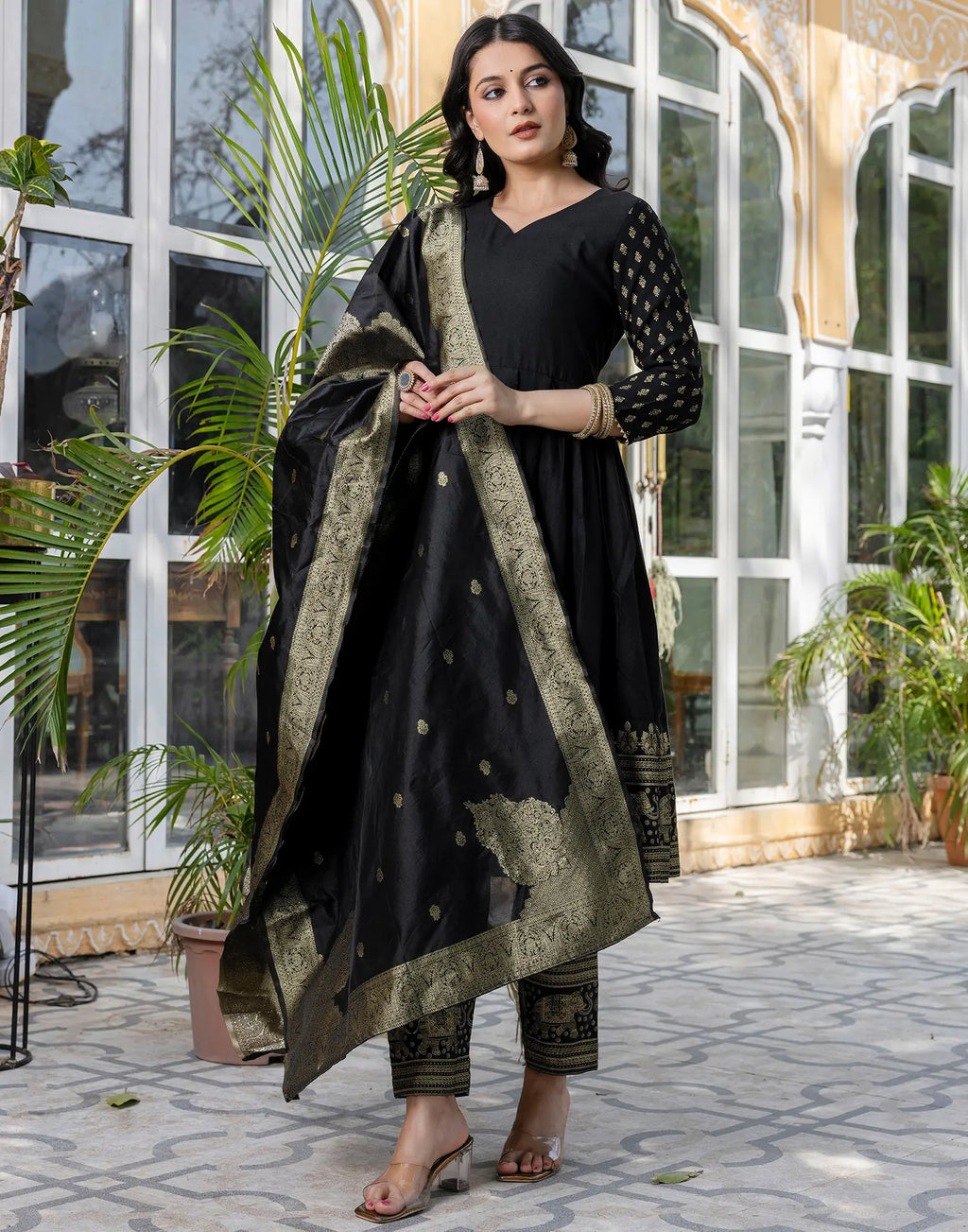 Rayon Foil Print Anarkali 3 Piece Kurta Set