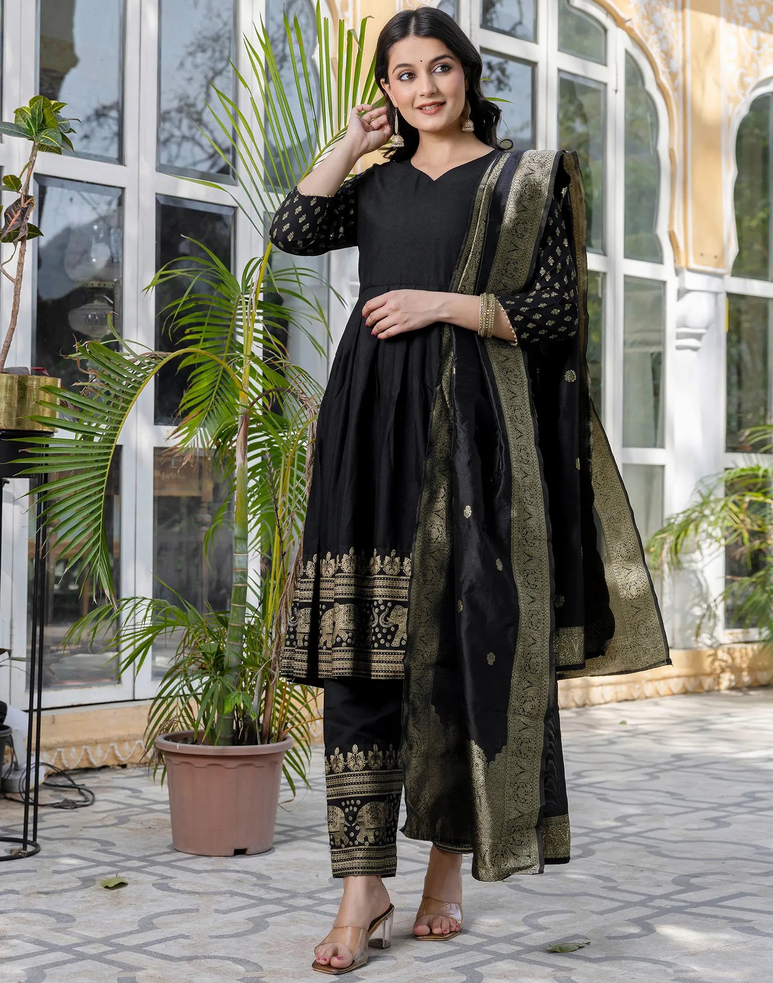 Rayon Foil Print Anarkali 3 Piece Kurta Set