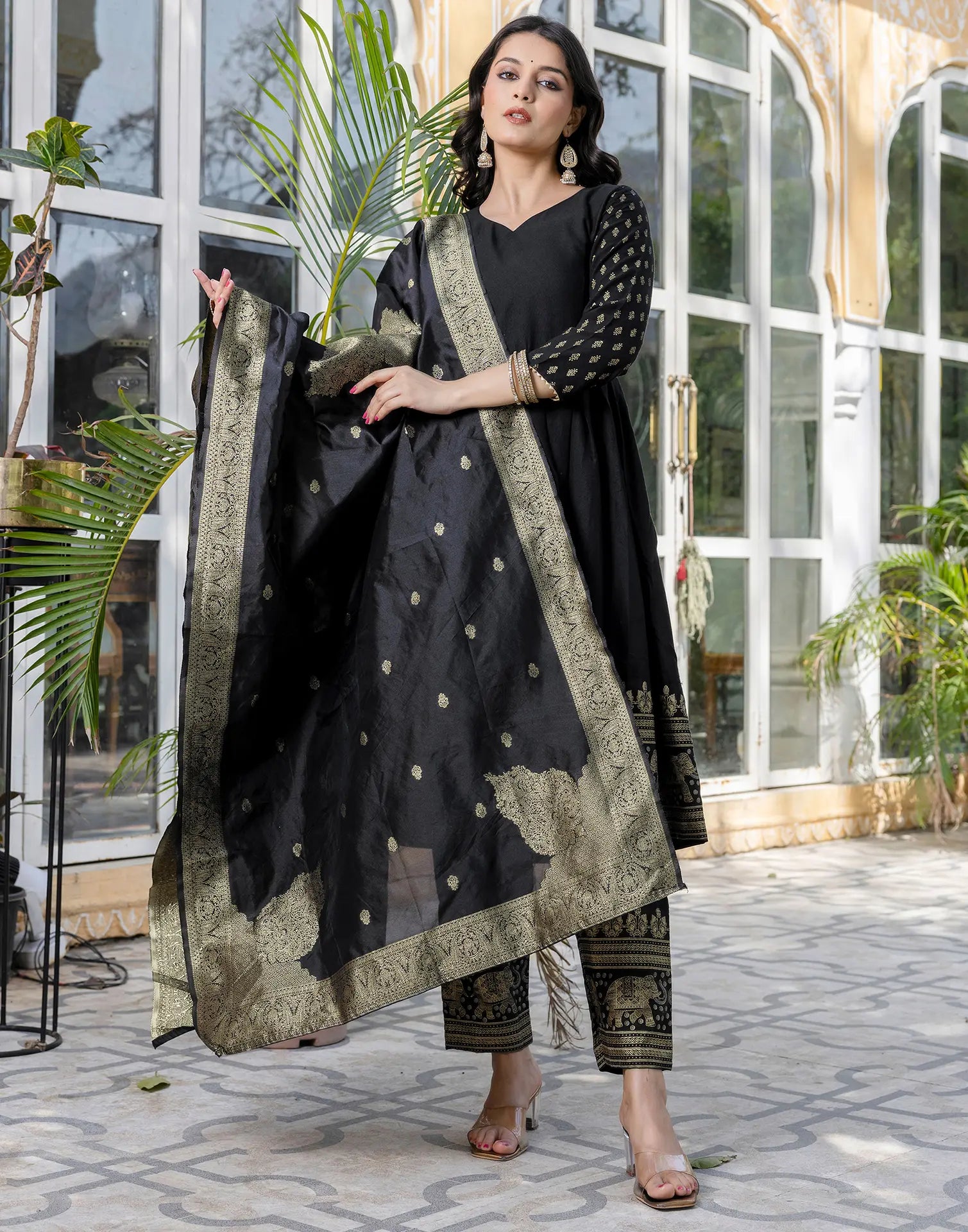 Rayon Foil Print Anarkali 3 Piece Kurta Set