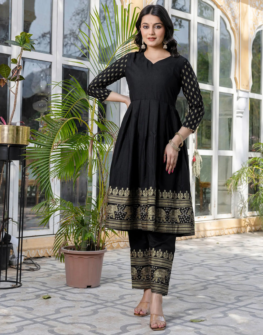 Rayon Foil Print Anarkali 3 Piece Kurta Set