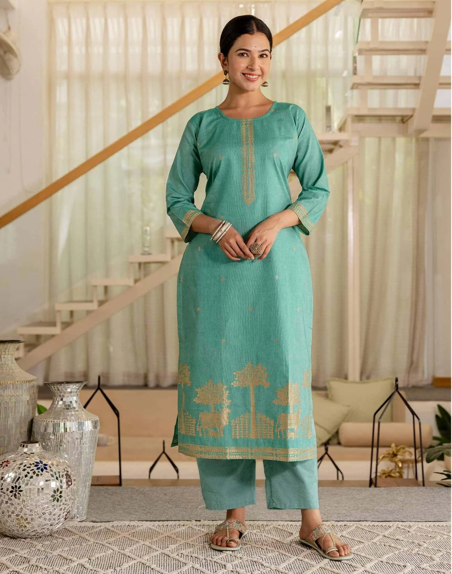 Cotton Weaving Straight Kurta with Pant & Dupatta