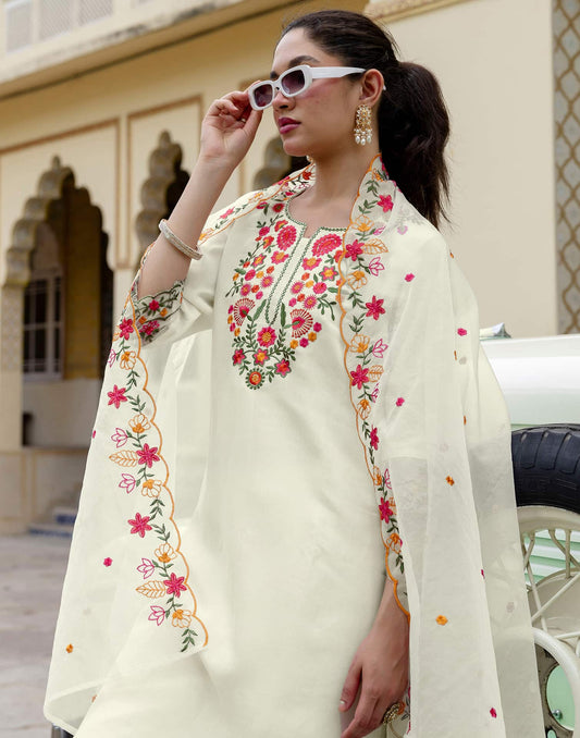 Silk Blend Embroidery and Sequins Work Straight Kurta with Pant & Dupatta