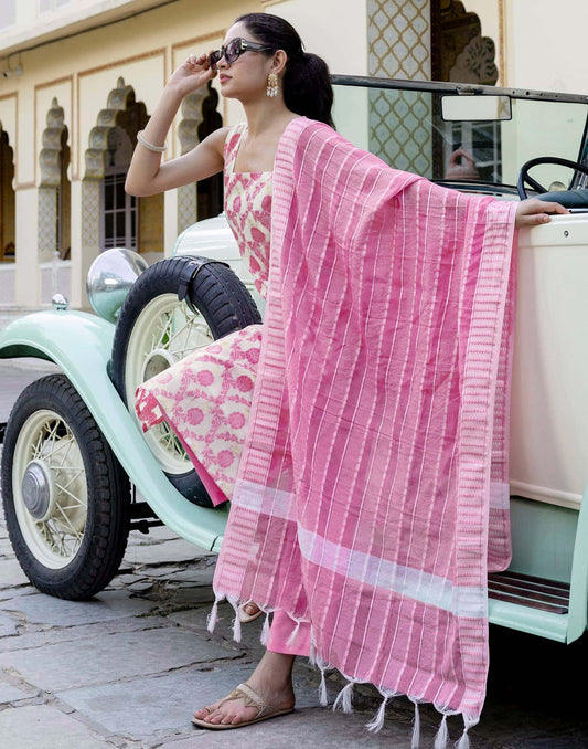 Chanderi Weaving Straight Kurta with Pant & Dupatta
