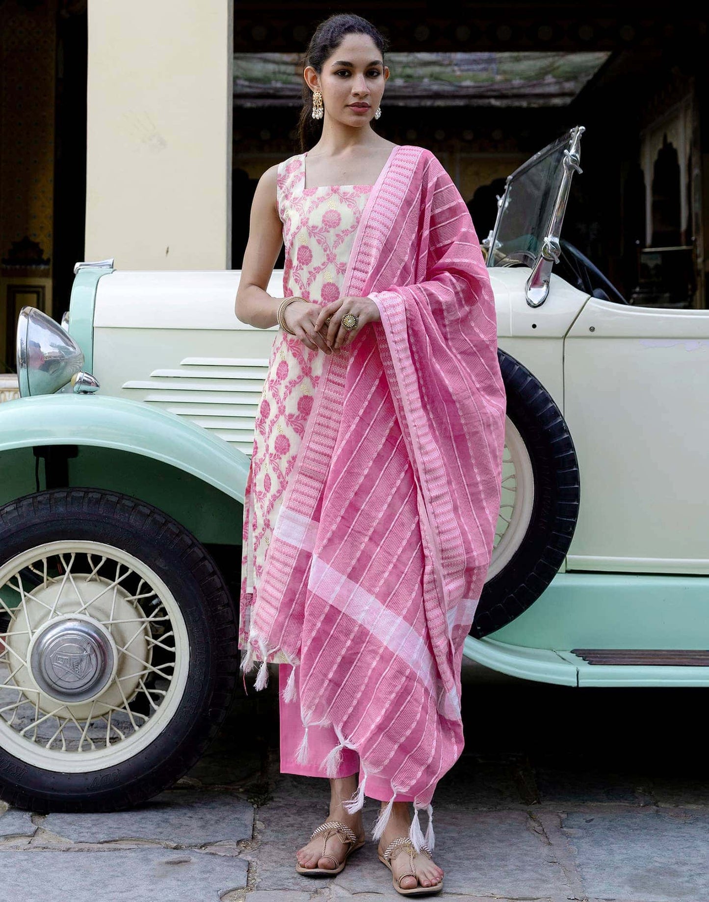 Chanderi Weaving Straight Kurta with Pant & Dupatta