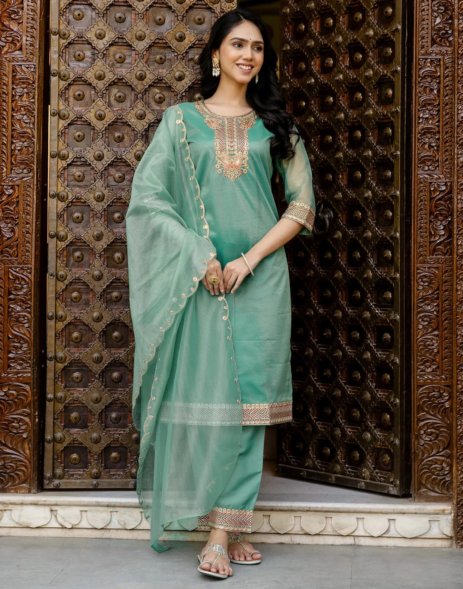 Shimmer Net Embroidered Straight 3 Piece Kurta Set