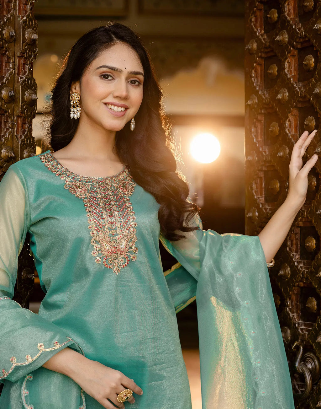 Shimmer Net Embroidered Straight 3 Piece Kurta Set