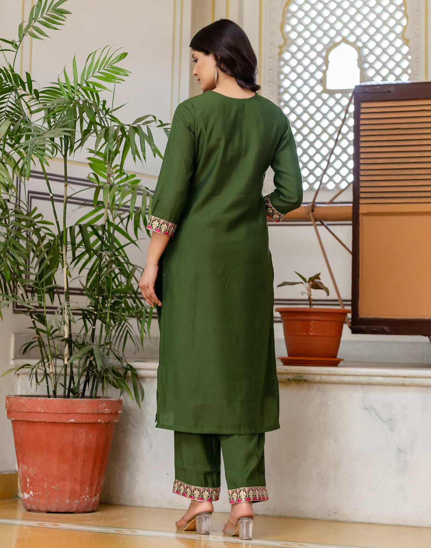 Silk Blend Embroidery Work and Embroidery Lace Straight Kurta with Pant & Dupatta