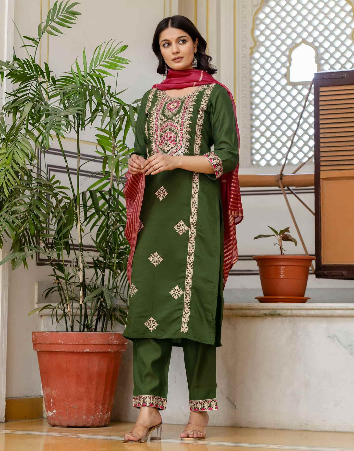 Silk Blend Embroidery Work and Embroidery Lace Straight Kurta with Pant & Dupatta