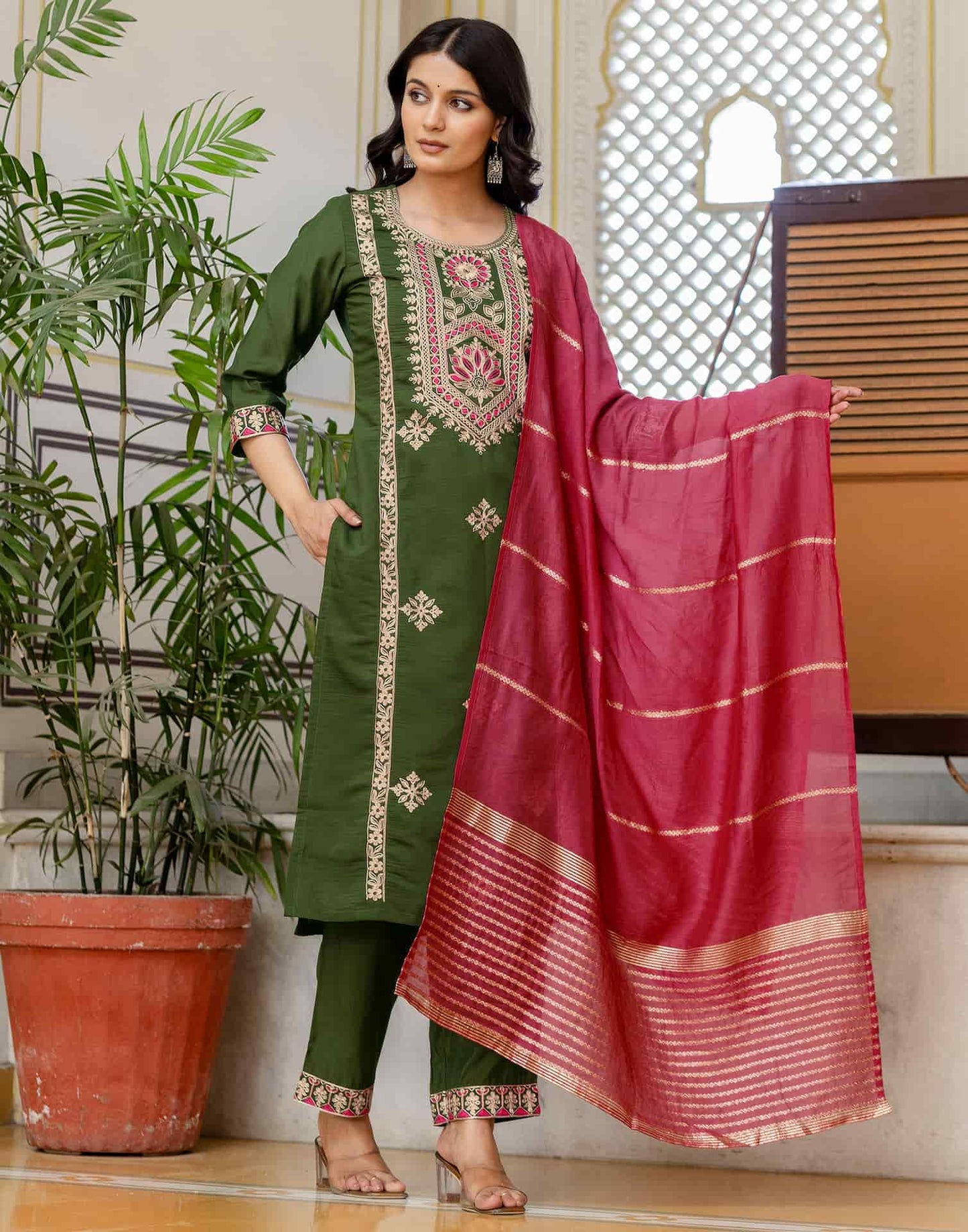 Silk Blend Embroidery Work and Embroidery Lace Straight Kurta with Pant & Dupatta