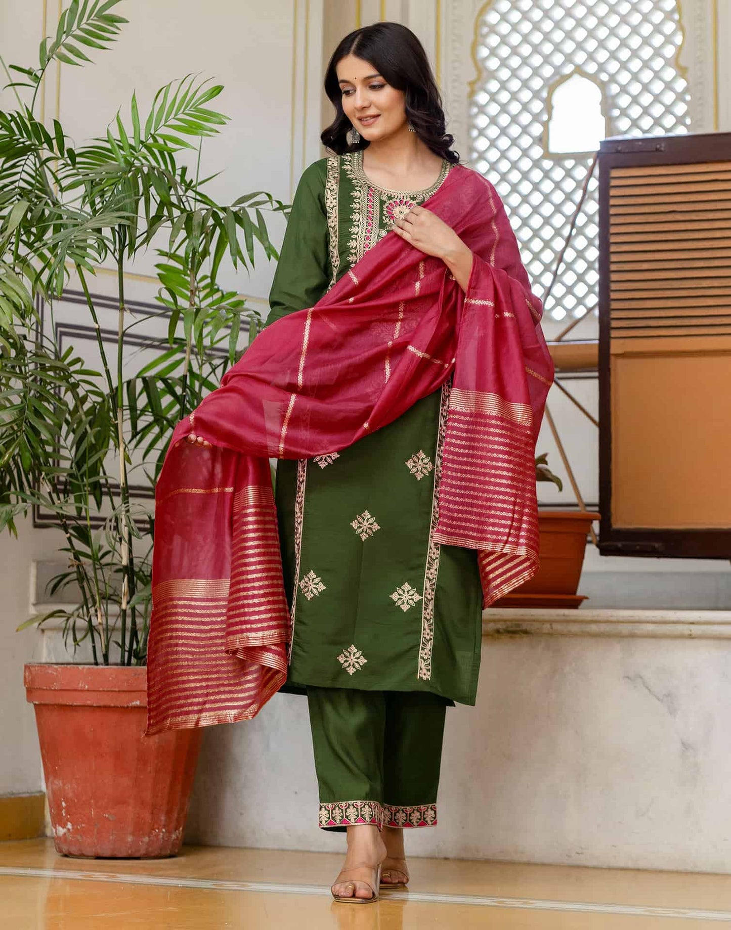 Silk Blend Embroidery Work and Embroidery Lace Straight Kurta with Pant & Dupatta