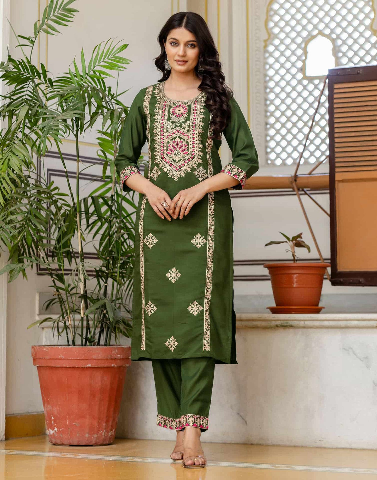 Silk Blend Embroidery Work and Embroidery Lace Straight Kurta with Pant & Dupatta