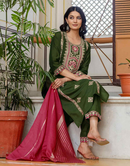 Silk Blend Embroidery Work and Embroidery Lace Straight Kurta with Pant & Dupatta