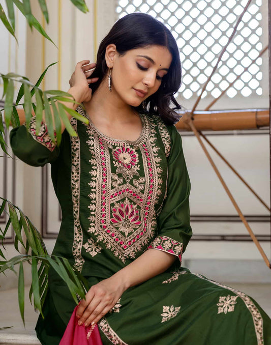 Silk Blend Embroidery Work and Embroidery Lace Straight Kurta with Pant & Dupatta