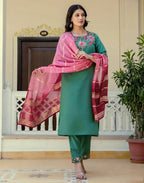Silk Blend Embroidered Straight 3 Piece Kurta Set