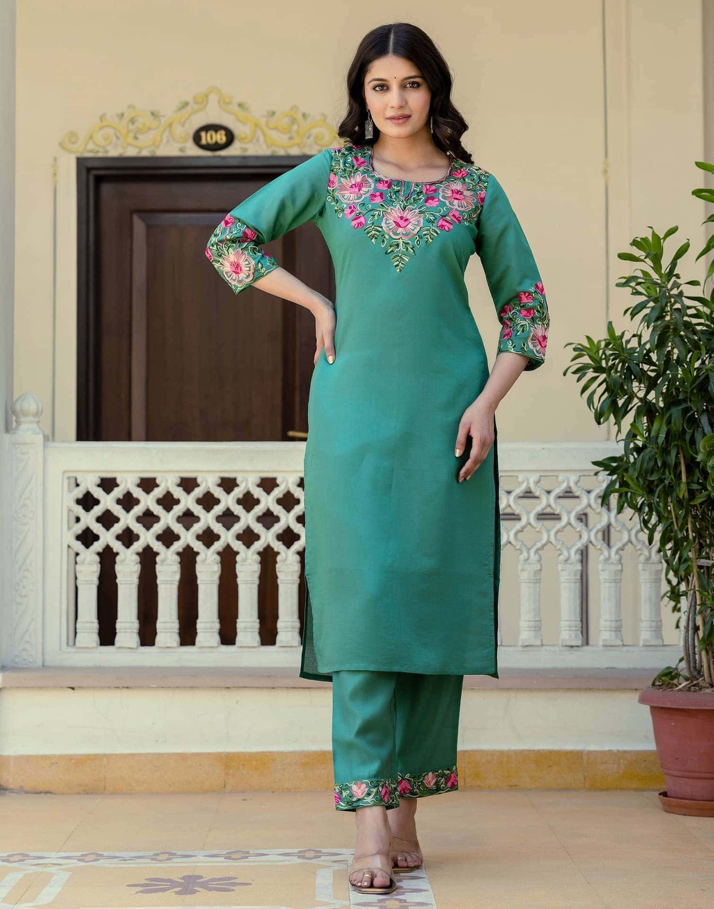 Silk Embroidery Work Straight Kurta with Pant & Dupatta
