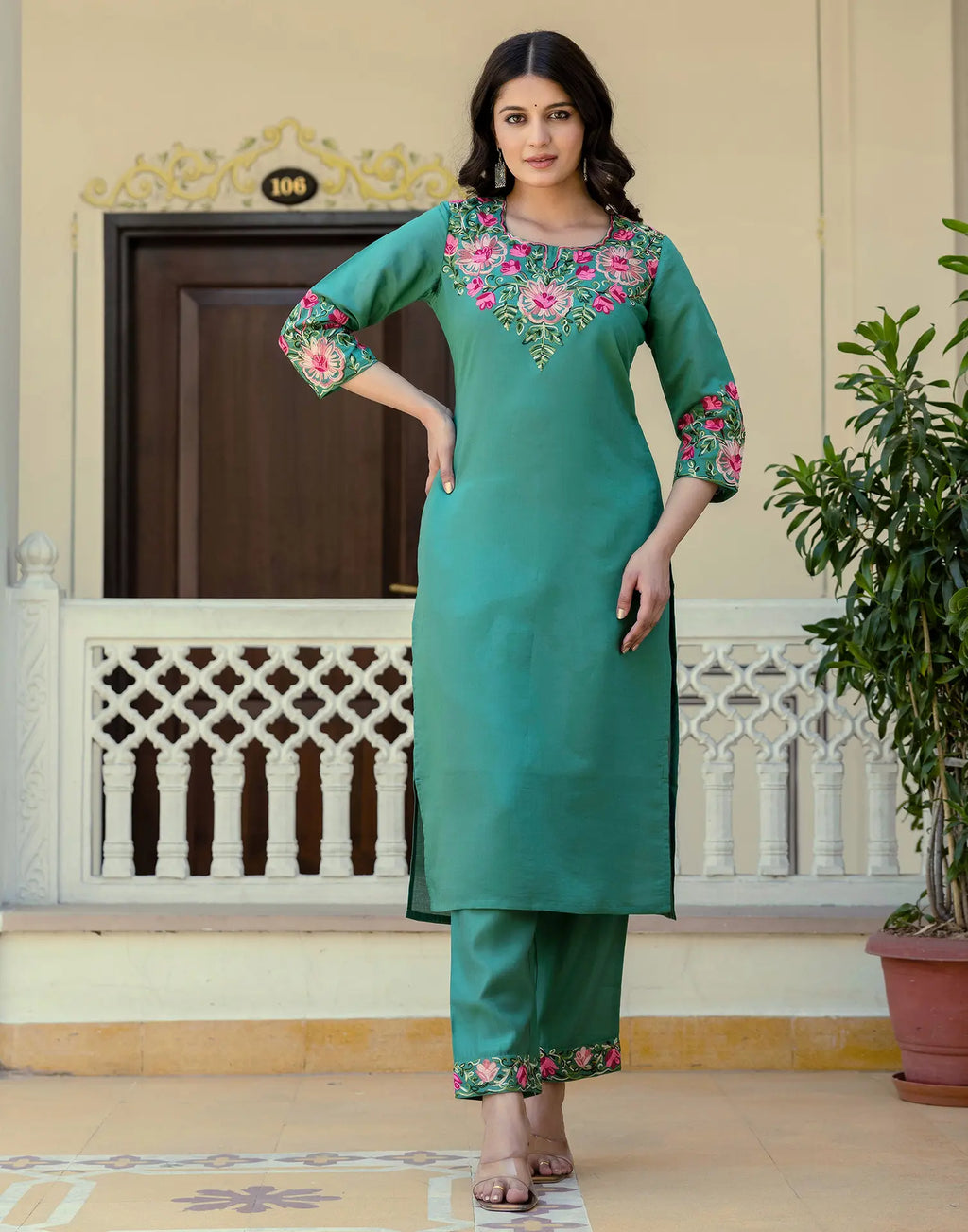 Silk Blend Embroidered Straight 3 Piece Kurta Set