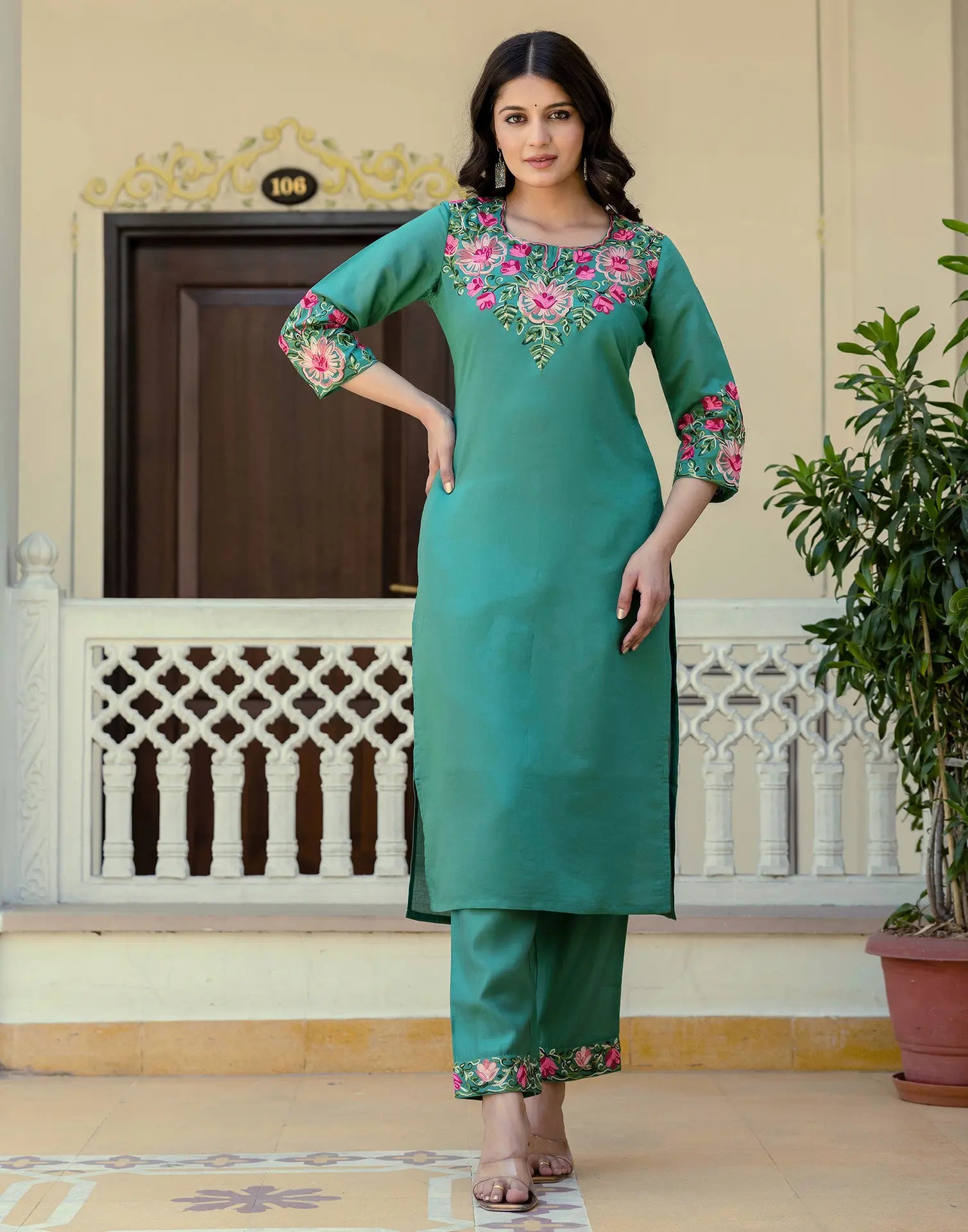 Silk Blend Embroidered Straight 3 Piece Kurta Set