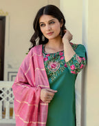Silk Blend Embroidered Straight 3 Piece Kurta Set