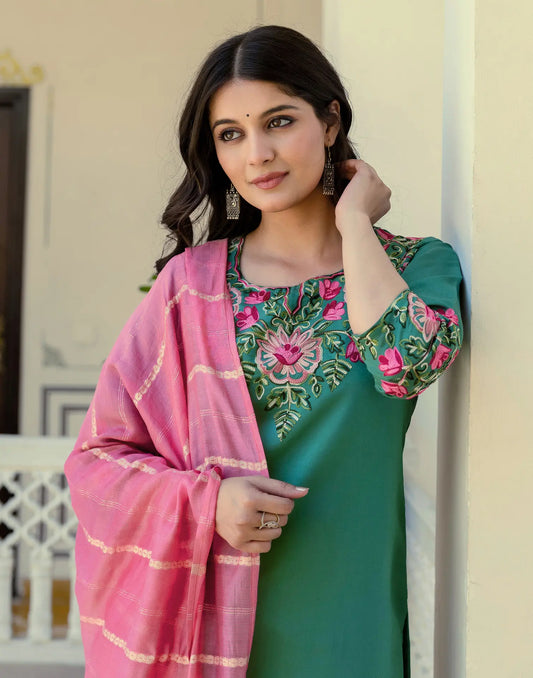 Silk Blend Embroidered Straight 3 Piece Kurta Set