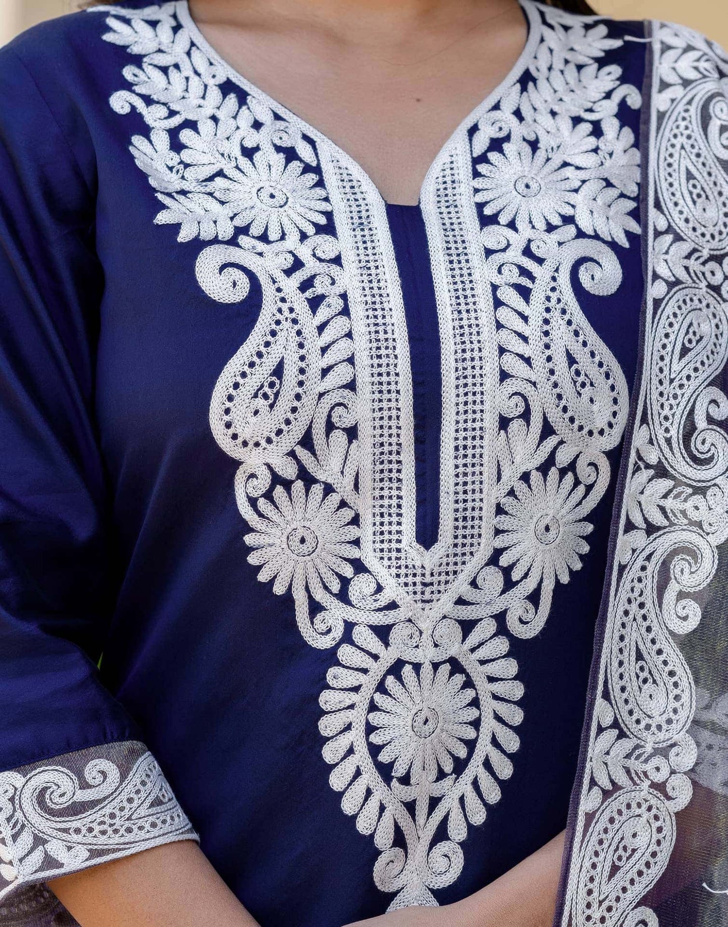 Silk Chikankari Embroidery and Embroidery Lace Straight Kurta with Pant & Dupatta