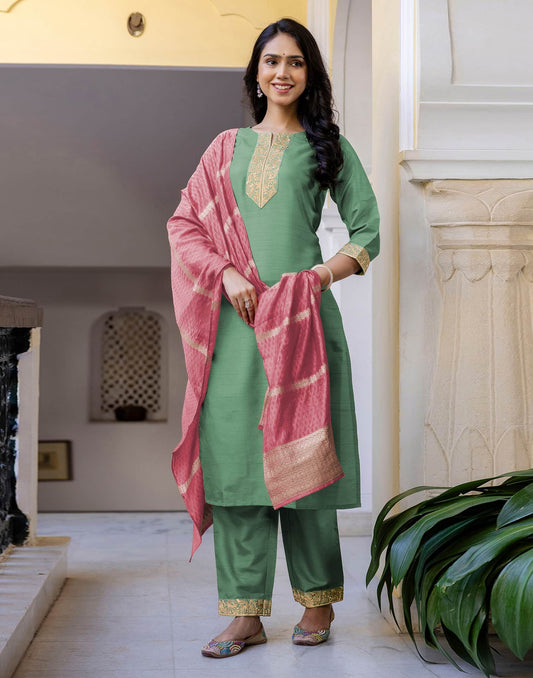Silk Embroidered Straight Kurta with Pant & Dupatta