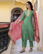 Silk Blend Embroidered Straight 3 Piece Kurta Set